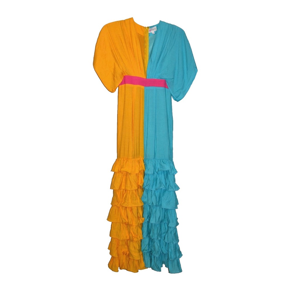 L'ATISTE by Amy Color Block Maxi Dress Womens Small Teal Yellow Tiered Ruffles